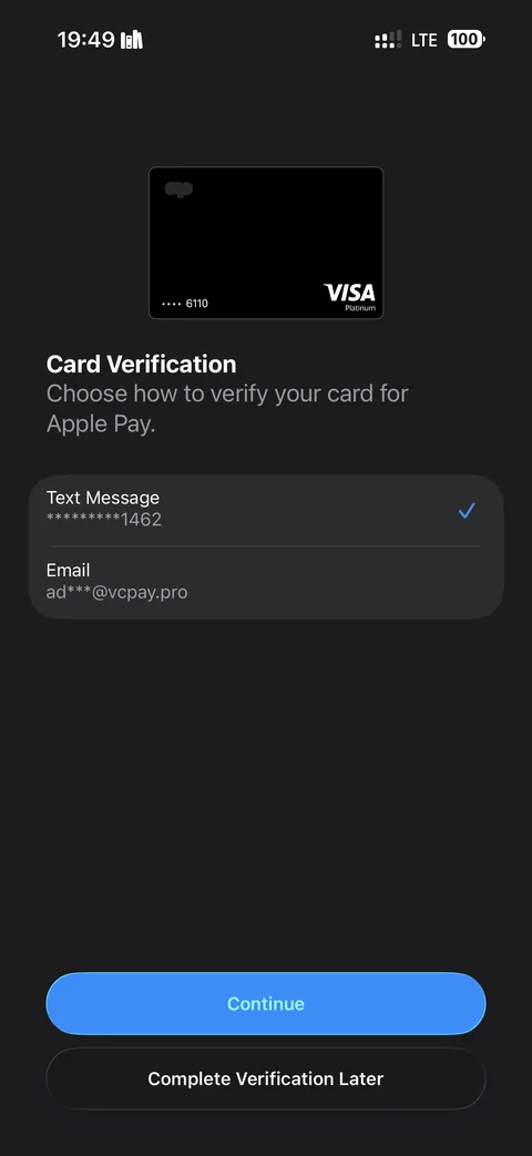 Экран Card Verification: выбор способа подтверждения карты для Apple Pay