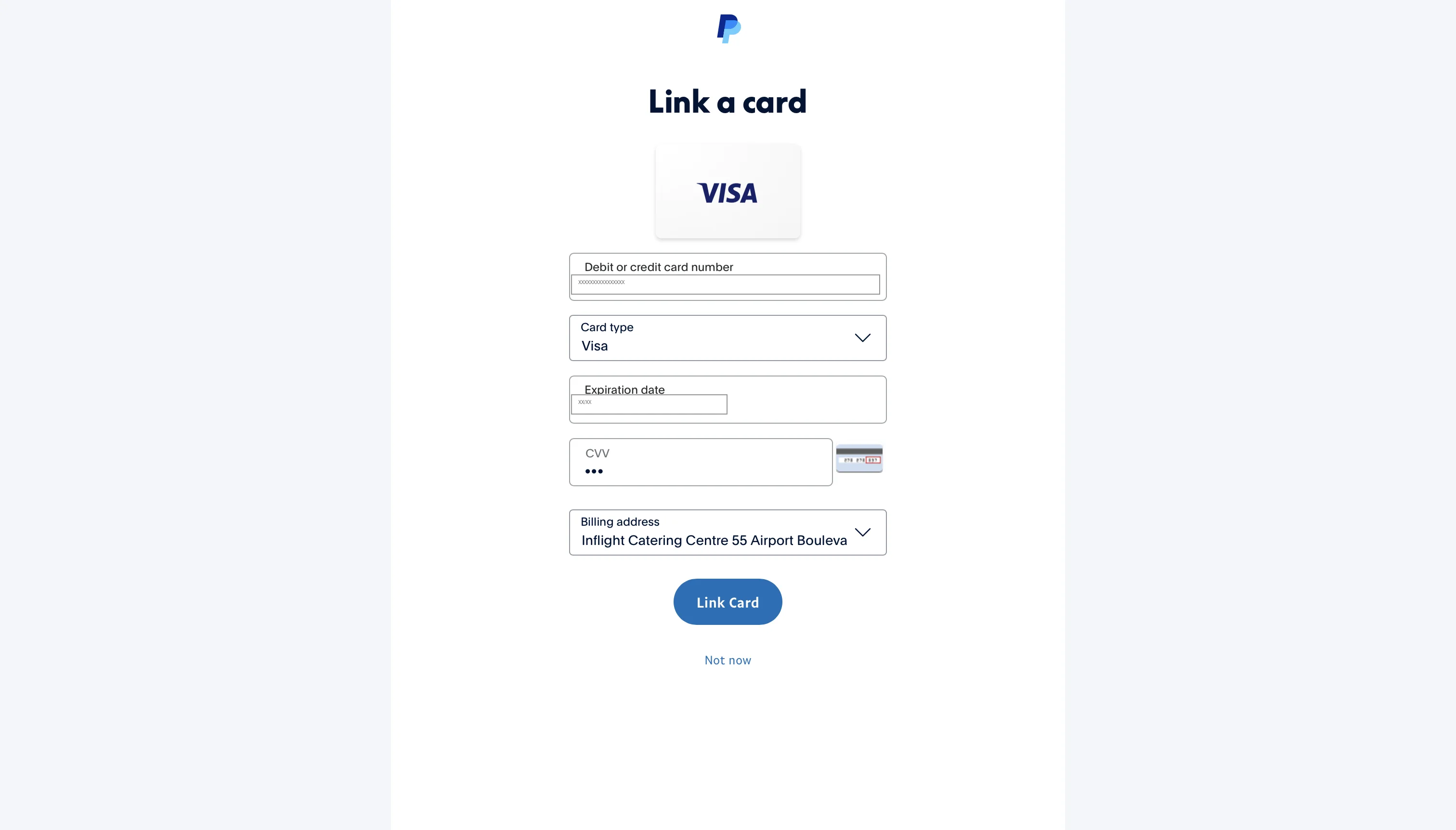 Форма ввода реквизитов карты в PayPal — Link a card
