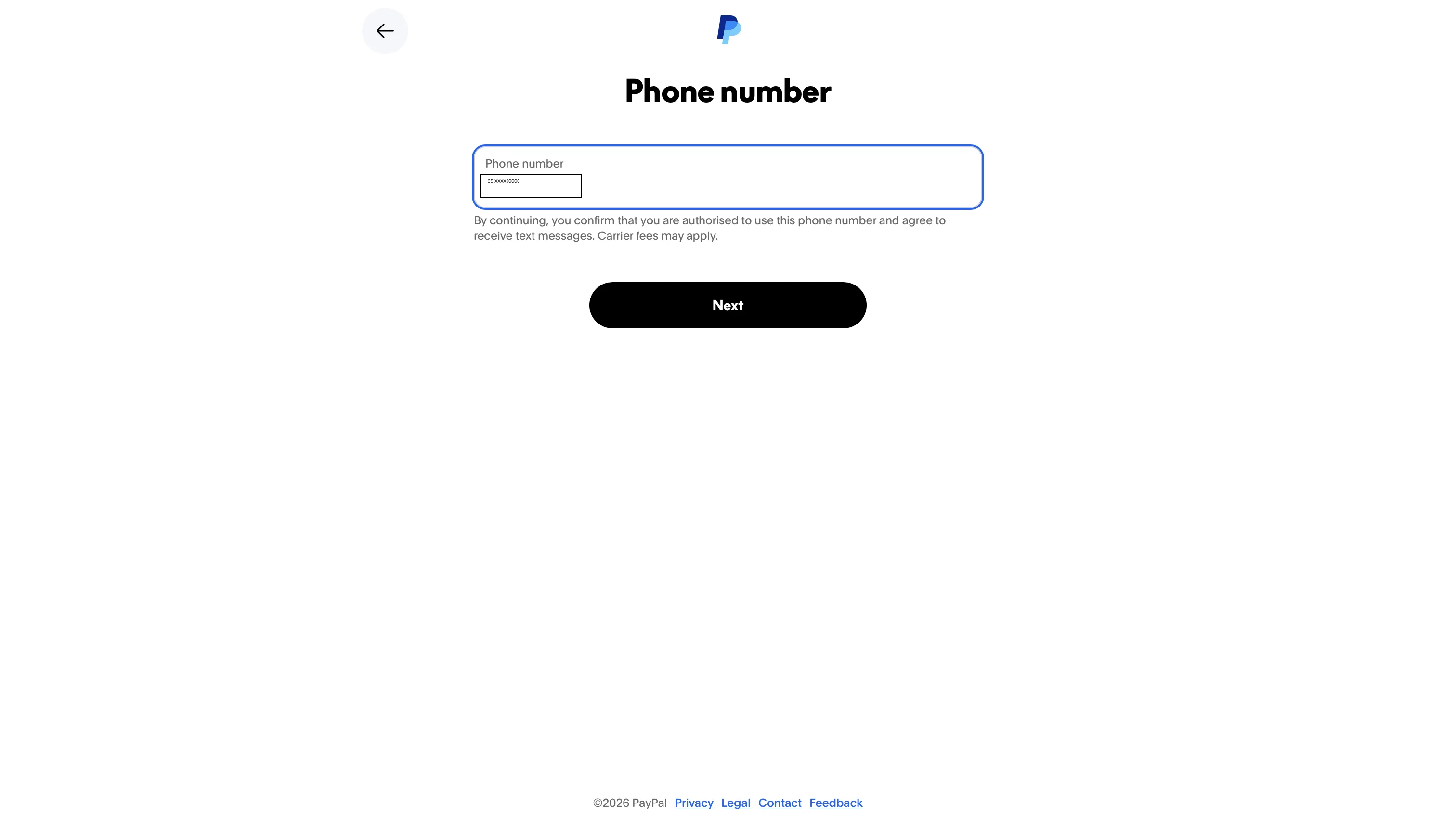 Экран ввода номера телефона в PayPal