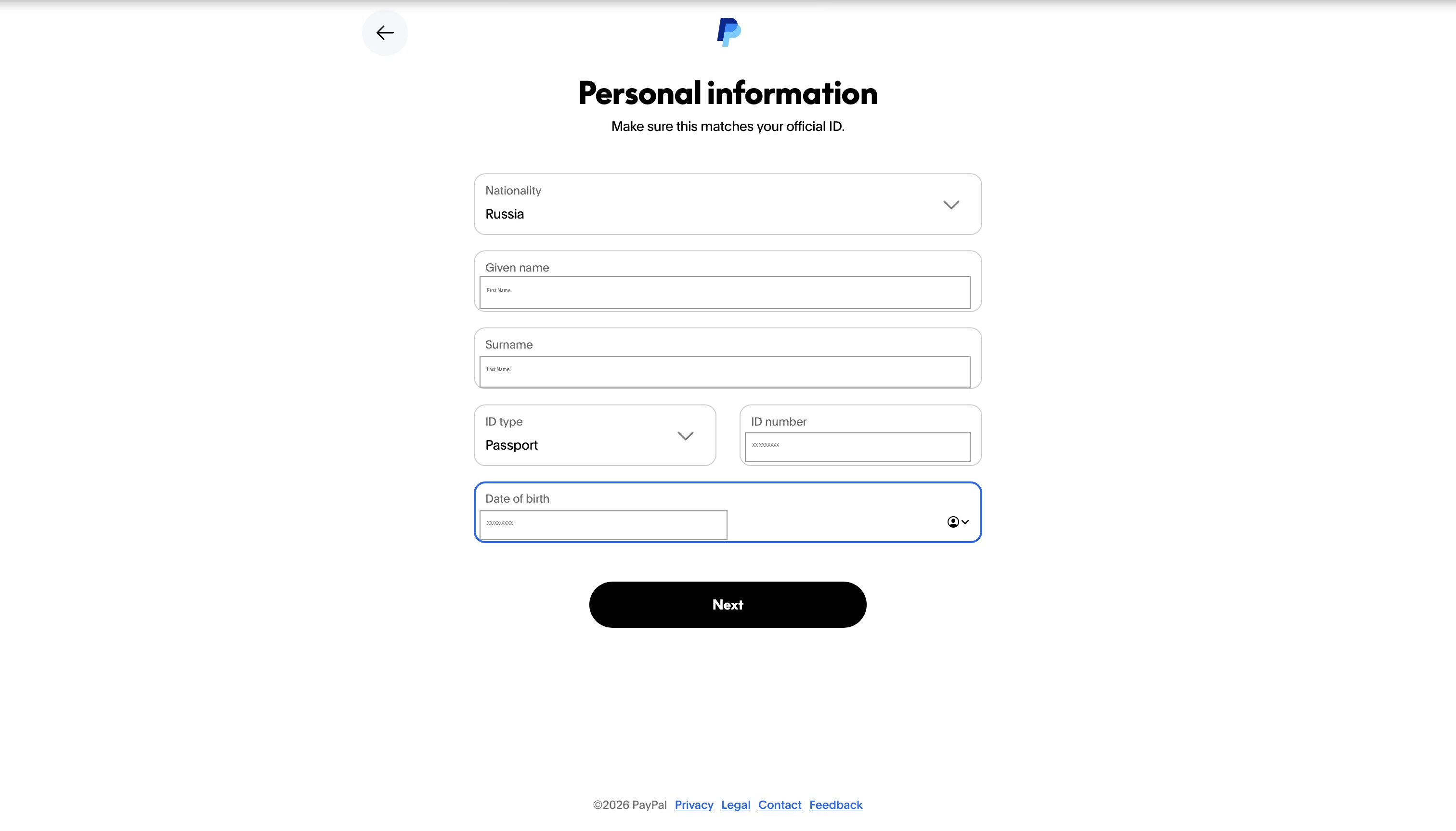 Экран Personal information: гражданство, имя, фамилия, паспортные данные, дата рождения