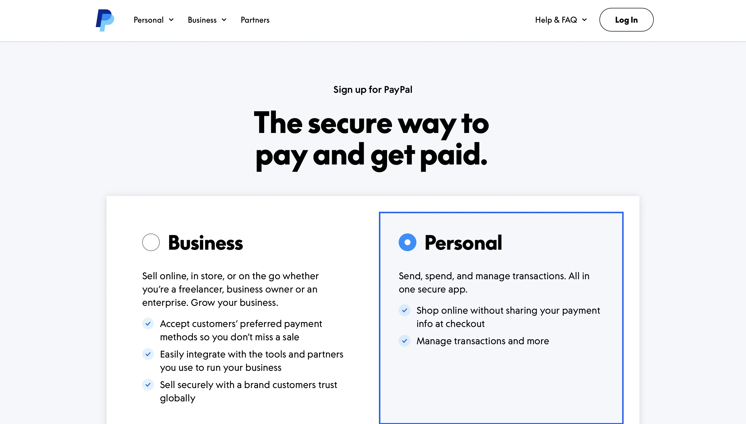 Экран регистрации PayPal с выбором Personal