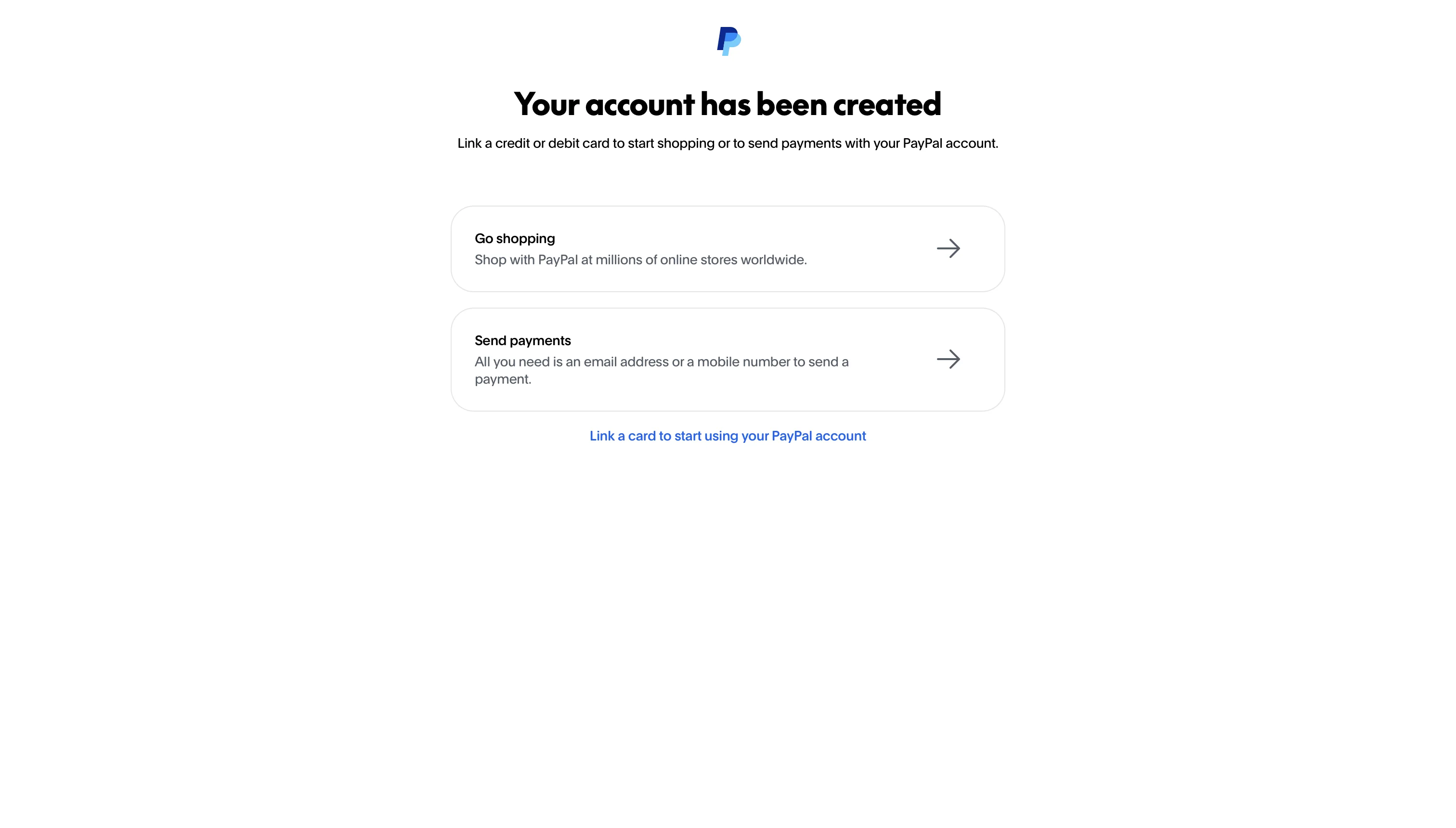 Экран Your account has been created сразу после регистрации PayPal